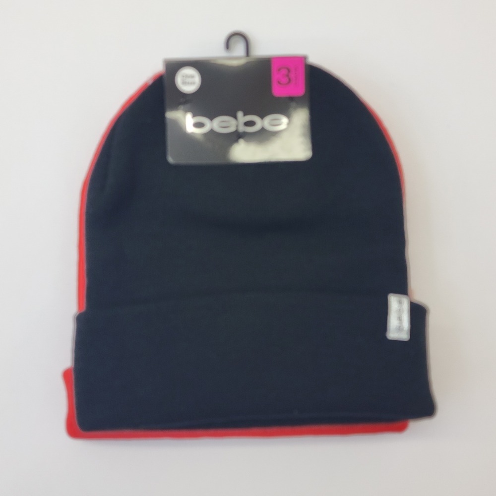 Bebe Beanie Hats 3 Pack Black Red Pink Ribbed Knit Cuffed Winter Cap One Size
